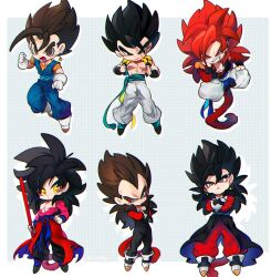  black_hair blue_eyes blue_sash chibi closed_mouth dougi dragon_ball dragon_ball_gt dragon_ball_heroes dragon_ball_super earrings gloves gogeta jewelry long_hair male_focus metamoran_vest monkey_boy monkey_tail multiple_boys muscular muscular_male ommmyoh open_mouth pants potara_earrings red_fur saiyan sash smile son_goku son_goku_(xeno) spiky_hair super_saiyan super_saiyan_4 tail time_patrol_(dragon_ball) twitter_username vegeta vegeta_(xeno) vegetto vegetto_(xeno) 
