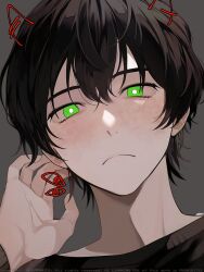  1boy andrew_graves black_hair black_sweater bright_pupils closed_mouth commentary double-parted_bangs drawn_horns english_commentary from_below frown green_eyes grey_background hair_between_eyes hand_on_own_ear hand_up highres light_blush long_sleeves looking_at_viewer male_focus portrait qqubbell short_hair simple_background solo sweater the_coffin_of_andy_and_leyley twitter_username watermark white_pupils 