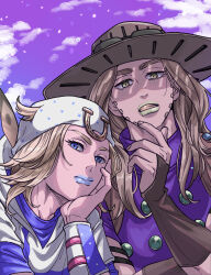  2boys blonde_hair blue_eyes blue_lips bridal_gauntlets brown_bridal_gauntlets commentary_request cowboy_hat feathers goggles goggles_on_headwear gold_teeth green_eyes green_lips gyro_zeppeli hair_through_headwear hat head_rest highres horseshoe johnny_joestar jojo_no_kimyou_na_bouken male_focus multiple_boys purple_sky sky steel_ball_run uuunnoo2 white_hat 