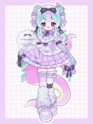  1girl :3 :d artist_name asymmetrical_legwear black_bow blush border bow bowtie commentary commission frilled_skirt frilled_thigh_strap frills full_body green_hair hair_bow highres long_hair long_sleeves looking_at_viewer maid_headdress mismatched_legwear multicolored_hair open_mouth original outline outside_border pink_border pink_shoes purple_bow purple_bowtie purple_hair purple_skirt purple_thighhighs red_eyes ribbed_socks shirt shoes single_thighhigh skirt smile socks solo standing thigh-highs thigh_strap two-tone_hair uneven_legwear upache watermark white_background white_outline white_shirt white_socks 