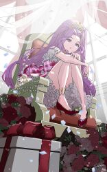  1girl aikatsu! aikatsu!_(series) box confetti curtains dress flower frilled_dress frills full_body gift gift_box hashtag-only_commentary high_heels highres indoors kanzaki_mizuki knees_up long_hair looking_at_viewer petticoat pink_dress plaid_clothes plaid_dress ponytail purple_hair red_flower red_rose red_shoes rose shichiko_(kerori) shoes short_dress sitting solo throne tiara violet_eyes window 