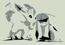  animal_focus blush closed_mouth forked_tail frown full_body glaceon leaf leafeon looking_at_another lukasandatta monochrome pokemon pokemon_(creature) pokemon_focus smile tail 