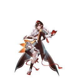  1girl adapted_costume asymmetrical_legwear belt black_coat black_skirt black_thighhighs brown_hair closed_mouth coat full_body game_cg geta hat hauchiwa highres holding holding_notebook holding_pen looking_at_viewer mismatched_legwear nib_pen_(object) non-web_source notebook official_art pen pointy_ears pom_pom_(clothes) red_eyes red_hat red_sandals sandals second-party_source shameimaru_aya shirt short_sleeves skirt smile solo tengu-geta thigh-highs tokin_hat touhou touhou_gensou_eclipse transparent_background u_u_zan uneven_legwear white_shirt 