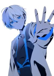 1boy aoyagi_touya blue_eyes blue_hair call_boy_(vocaloid) clenched_teeth collared_shirt hashtag-only_commentary highres jewelry lapels long_sleeves looking_at_viewer male_focus multicolored_hair notched_lapels outstretched_arm outstretched_hand project_sekai ring shiba_yoyoyo shirt short_hair simple_background solo split-color_hair teeth turtleneck two-tone_hair upper_body white_background 