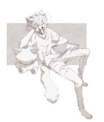  1boy animal_collar animal_feet body_fur closed_eyes clothes_lift collar commentary_request fuji_166 full_body furry furry_male grey_background greyscale highres invisible_chair jewelry lifting_own_clothes male_focus monochrome multiple_rings open_fly open_mouth original ring scratching_head scratching_stomach shirt shirt_lift short_hair simple_background sitting solo stuffed_animal stuffed_toy stuffed_wolf tail translation_request wolf_boy yawning 