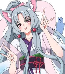  1girl :3 animal_ear_fluff animal_ears beads blush bow breasts collarbone curtained_hair double_fox_shadow_puppet fox_ears fox_girl fox_shadow_puppet grey_hair hagoromo hair_beads hair_bow hair_ornament hands_up hashtag-only_commentary head_tilt highres japanese_clothes kimono long_hair long_sidelocks lonsooooooooo looking_at_viewer medium_breasts obi open_mouth parted_bangs pink_bow pink_eyes ponytail purple_sash purple_trim sash shawl sidelocks simple_background solo touhoku_itako upper_body very_long_hair voiceroid white_background white_kimono wide_sleeves 
