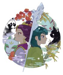  2girls apple back-to-back beads blue_eyes blunt_bangs border cat earrings eyeshadow food freckles fruit gold_earrings green_hair green_shirt hair_beads hair_bun hair_ornament highres holding holding_mask jewelry kusuriya_no_hitorigoto light_smile makeup maomao_(kusuriya_no_hitorigoto) mask multiple_girls onisan611 panda pink_eyeshadow purple_hair purple_tunic shirt shisui_(kusuriya_no_hitorigoto) sidelocks tunic twitter_username updo upper_body white_border white_shirt yellow_eyes 