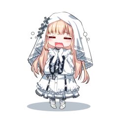  1girl =_= blonde_hair blush chibi clenched_hands commentary dress elbow_gloves getsuyoshi gloves hands_up highres hikami_meruru long_hair mahou_shoujo_no_majo_saiban open_mouth pigeon-toed priestess shadow shoes simple_background socks solo squeans tearing_up white_background white_dress white_gloves white_shoes white_socks wide_sleeves x_ornament yawning 