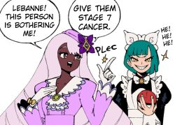  2girls :d apron black_dress bow bowtie collarbone commentary dark-skinned_female dark_skin dress english_text eyelashes gloves green_hair grin hat holding holding_poke_ball index_finger_raised jacinthe_(pokemon) lebanne_(pokemon) long_hair multiple_girls open_mouth poke_ball poke_ball_(basic) pokemon pokemon_legends:_z-a simple_background smile snapping_fingers speech_bubble teeth tongue upper_teeth_only wanderjegson white_apron white_background white_bow white_bowtie white_gloves yellow_eyes 