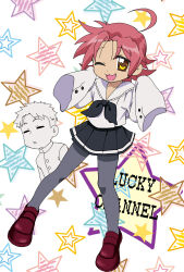  1boy 1girl :3 ahoge black_neckerchief black_skirt buttons closed_eyes cropped_arms gakuran grey_pantyhose highres kogami_akira lucky_channel lucky_star monochrome neckerchief pantyhose pink_hair red_shoes school_uniform serafuku shiraishi_minoru shirt shoes skirt star_(symbol) star_symbol_background user_xhvr3878 very_long_sleeves white_background white_shirt yellow_eyes 
