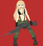  1boy bikini_top blonde_hair blue_eyes duplicate gun light_machine_gun m249 machine_gun male_focus midare_toushirou open_mouth otoko_no_ko smile touken_ranbu weapon zakuko 