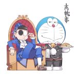  2boys black_hair ciel_phantomhive ciel_phantomhive_(cosplay) cosplay doraemon doraemon_(character) dorayaki eyepatch food formal glasses gloves hat kuroshitsuji multiple_boys nobi_nobita parody pop_kyun sebastian_michaelis sebastian_michaelis_(cosplay) short_hair wagashi 