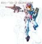  1girl armor armpits banchengping@126 beam_rifle brown_hair character_name energy_gun gundam mecha_musume mobile_suit_gundam one_eye_closed rx-78-2 shield short_hair thrusters twintails weapon 