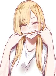  1girl absurdres bare_arms blonde_hair blush closed_eyes dokuro_deluxe facing_viewer finger_in_own_mouth highres kitagawa_marin long_hair mouth_pull open_mouth sharp_teeth shirt sidelocks simple_background solo sono_bisque_doll_wa_koi_wo_suru teeth upper_body white_background white_shirt 