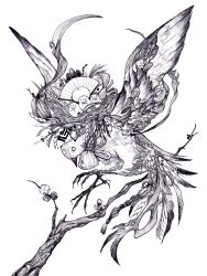  animal baby_animal bird branch chick chinese_zodiac commentary_request flying folding_fan food fruit fuji_166 full_body greyscale hand_fan highres mandarin_orange monochrome nengajou nest new_year orange_(fruit) original rope shide shimenawa simple_background white_background year_of_the_rooster 