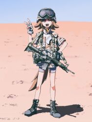  1girl animal_collar animal_ears assault_rifle blue_sky boots brown_jacket camouflage camouflage_jacket chest_rig collar combat_boots combat_helmet day desert desert_camouflage dog_ears dog_girl dog_tail fangs fingerless_gloves full_body gloves goggles goggles_on_headwear gulf_war gun hagetaro1221 hand_on_own_hip helmet highres horizon jacket looking_at_viewer m16 one_eye_closed open_mouth orange_eyes original outdoors rifle shadow short_shorts short_sleeves shorts shoulder_strap sky sleeves_rolled_up smile solo standing tail v weapon 