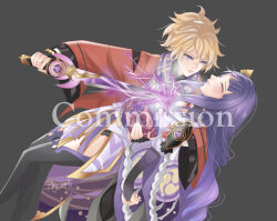  1boy 1girl arm_up asami_7teen black_background black_panties black_thighhighs blonde_hair blunt_bangs blush branch bridal_gauntlets closed_eyes closed_mouth commission couple curly_hair drawing_sword electricity english_commentary friends genshin_impact glowing glowing_sword glowing_weapon hair_ornament hand_on_another's_back hetero high_ponytail highres holding holding_sword holding_weapon human_scabbard japanese_clothes katana kazuha's_friend_(genshin_impact) kimono leaning_back leaning_forward leaning_on_person leaning_to_the_side long_hair long_sleeves looking_down mitsudomoe_(shape) multicolored_hair musou_isshin_(genshin_impact) panties parted_lips pink_lips ponytail purple_hair purple_kimono raiden_shogun red_sash sash scar scar_on_face scarf shade sheath simple_background smile streaked_hair sword sword_between_breasts teeth thigh-highs thighs tomoe_(symbol) underwear violet_eyes weapon 