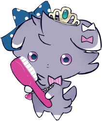  closed_mouth espurr full_body hair_brush holding holding_hair_brush looking_at_viewer no_humans non-web_source pokemon_(creature) purple_fur solo standing violet_eyes white_background 