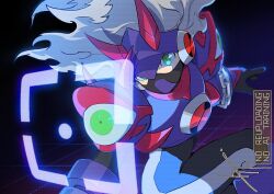  1boy armor covered_mouth double_soul_(mega_man) eraseman.exe extra_eyes green_eyes grey_hair horns male_focus mask mega_man_(series) mega_man_battle_network_(series) megaman.exe mouth_mask netnavi purple_armor solo to_i_to_io watermark 