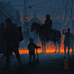  5boys army black_horse boris_groh cavalry child city combat_helmet evening ghost glowing glowing_eyes helmet highres holding holding_reins horse horseback_riding military_combat_uniform military_uniform multiple_boys original reins riding russo-ukrainian_war soldier taking_picture ukraine winter winter_clothes 