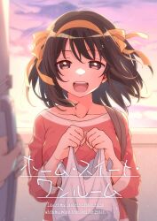 1girl 1other :d absurdres bag breasts brown_eyes brown_hair collarbone comiket_104 door english_text hair_ribbon hairband highres holding holding_bag long_sleeves looking_at_viewer medium_hair open_mouth plastic_bag pov pov_hands red_shirt ribbon shirt smile solo_focus suzumiya_haruhi suzumiya_haruhi_no_yuuutsu taiki_(6240taiki) teeth tongue upper_teeth_only yellow_hairband yellow_ribbon 
