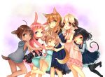  6+girls ahoge animal_ears ass barefoot brown_eyes brown_hair cat_ears closed_eyes dark_skin dog_ears dress dress_lift fox_ears highres hood hoodie horns hug long_hair looking_at_viewer multiple_girls no_pants one_eye_closed open_mouth original pantyhose pink_hair rabbit_ears red_eyes short_hair sleeveless smile tail twintails violet_eyes xenon_(simlacurm) 