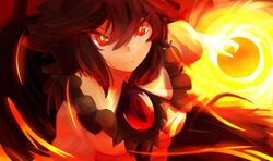  1girl angry black_hair bow breasts closed_mouth energy fire fireball glowing glowing_eyes hair_bow long_hair red_eyes reiuji_utsuho short_sleeves solo third_eye touhou uchisukui very_long_hair 