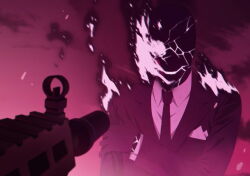  1boy 1girl aiming assault_rifle at_gunpoint bald black_gloves black_jacket black_necktie black_skin black_suit black_suit_(blue_archive) blue_archive burning_clothes collared_shirt colored_skin cracked_skin evil_smile flaming_eye game_cg gloves glowing glowing_eye gun hand_on_own_shoulder highres jacket male_focus necktie non-web_source official_art one-eyed red_sky rifle shiroko_terror_(blue_archive) shirt sig_556 sky sleeves_past_wrists smile spoilers suit suppressor weapon white_eyes white_shirt 