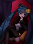  1girl absurdres black_legwear blue_hair fangs halloween hat hatsune_miku highres jack-o&#039;-lantern kazenoko long_hair looking_at_viewer mini_top_hat open_mouth red_eyes sitting solo thigh-highs top_hat twintails vampire very_long_hair vocaloid 