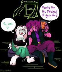  boots colored_skin cover deltarune dvd_cover goat_horns horns mattress purple_hair purple_skin ralsei reptile_girl stxxrydxy susie_(dark_world)_(deltarune) susie_(deltarune) utdr_(toby_fox) 