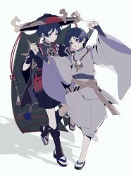  2boys armor arms_up black_eyes black_hair black_hat black_kimono black_mask black_sandals black_shorts black_sleeves blunt_ends bodysuit bow bridal_legwear brown_sash closed_mouth clothing_cutout dancing dual_persona eyeliner eyeshadow feathers foot_up full_body furisode genshin_impact gold gold_trim grey_bodysuit grey_eyes grey_veil hakama hakama_shorts hat highres holding_hands japanese_armor japanese_clothes jewelry jingasa juban kariginu kimono kote kurokote layered_sleeves long_sleeves looking_at_another makeup mask_on_hat mitsudomoe_(shape) multiple_boys neck_ring open_clothes open_kimono open_mouth pants pelvic_curtain pleated_shorts pom_pom_(clothes) purple_bow purple_kimono purple_rope purple_sash purple_sleeves red_eyeliner red_eyeshadow red_hat red_kimono red_sash rope sandals sash scaramouche_(genshin_impact) scaramouche_(kabukimono)_(genshin_impact) shadow shimenawa short_sleeves shorts shoulder_cutout side_cutout single_sode smile stirrup_legwear string toeless_legwear toes tomoe_(symbol) tsurime two-tone_hat veil w02_14 white_background white_kimono white_pants white_rope white_sleeves wide_sleeves wispy_bangs yellow_feathers zouri 