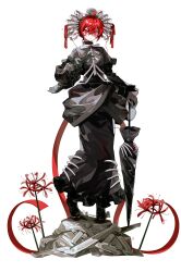  1girl absurdres ahoge arms_at_sides black_boots black_dress black_umbrella boots chinese_commentary closed_mouth closed_umbrella commentary_request double-parted_bangs dress expressionless feiwusheng flat_chest flower frilled_dress frills full_body gloves hair_between_eyes highres holding holding_umbrella kasane_teto long_dress long_sleeves looking_at_viewer puffy_long_sleeves puffy_sleeves red_eyes red_flower red_hair red_ribbon ribbon ribs short_hair simple_background solo standing turtleneck turtleneck_dress umbrella utau white_background white_gloves 