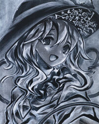 1girl bowler_hat cropped_torso frilled_shirt_collar frills greyscale hat ikeda_ruriko komeiji_koishi looking_at_viewer medium_hair monochrome open_mouth solo touhou traditional_media white_background 