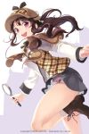  1girl :d boots brown_boots brown_hair capelet character_request comet_(teamon) deerstalker hat long_sleeves looking_at_viewer magnifying_glass open_mouth red_eyes revenge_&amp;_lady school_uniform sherlock_holmes_(cosplay) skirt smile socks solo white_legwear 