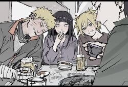  2boys 2girls bandaged_hand bandages beer_mug black_border black_hair black_jacket blonde_hair blunt_bangs blush border breasts closed_eyes couple cup earrings facial_mark food food_on_face grey_jacket grin hair_between_eyes highres hime_cut holding holding_cup hyuuga_hinata jacket jewelry long_hair medium_breasts mug multiple_boys multiple_girls nara_shikamaru naruto_(series) notane_n parted_lips short_hair sketch smile spiky_hair squeans table teeth temari_(naruto) twintails uzumaki_naruto whisker_markings 