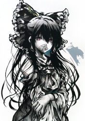  1girl ascot black_hair brown_eyes hakurei_reimu ikeda_ruriko looking_at_viewer solo spot_color touhou traditional_media upper_body white_background 