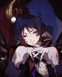  1boy alternate_costume black_bow black_vest blunt_ends bow coat colored_eyelashes facial_mark feather_hair_ornament feathers frilled_shirt frills genshin_impact gloves gold gold_trim hair_ornament hat hat_ornament high_collar highres hoyofair interlocked_fingers jester jester_cap layered_sleeves long_sleeves looking_at_viewer male_focus open_clothes open_coat own_hands_together parted_lips pink_lips pom_pom_(clothes) pom_pom_hair_ornament portrait purple_hair purple_hat red_coat red_hat red_sleeves scaramouche_(genshin_impact) shirt sleeves_past_wrists smirk solo squinting star_(symbol) star_facial_mark star_hat_ornament teardrop_facial_mark two-tone_hat undershirt vest violet_eyes w02_14 wanderer_(genshin_impact) white_gloves white_mouth white_shirt white_sleeves wispy_bangs yellow_feathers 