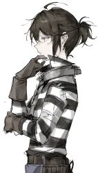  1boy absurdres ahoge belt brown_belt brown_gloves brown_hair bruise bruised_eye collar expressionless gloves green_eyes hand_on_own_chin highres identity_v injury looking_ahead luca_balsa male_focus masshurmu39 metal_collar ponytail popped_collar profile shirt short_ponytail striped_clothes striped_shirt upper_body white_background 