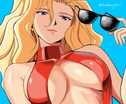  bare_shoulders blonde_hair bodysuit breasts brown_eyes center_opening covered_nipples david_huang golden_boy highres large_breasts lipstick long_hair looking_at_viewer makeup mature_female no_bra onna_shachou sunglasses wavy_hair 