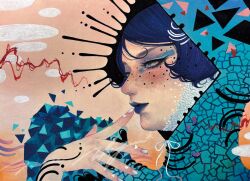  1girl abstract absurdres blue_hair blue_lips closed_mouth clouds ghoul_dark117 highres makeup original square triangle white_nails 