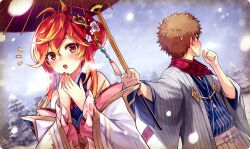  1boy 1girl antenna_hair blush brown_hair bud_(ta_ga_tame_no_alchemist) commentary grey_haori hair_bun hair_ornament hands_up holding holding_umbrella japanese_clothes kagura_(ta_ga_tame_no_alchemist) kimono official_alternate_costume official_art oil-paper_umbrella open_mouth orange_hair outdoors profile red_scarf scarf single_hair_bun snow ta_ga_tame_no_alchemist third-party_source tree umbrella wide_sleeves winter winter_clothes 