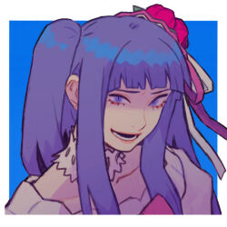  1girl blue_eyes blue_hair blunt_bangs bow choker flower frills furudo_erika hair_flower hair_ornament hat jbbetz long_hair open_mouth picture_frame pink_bow portrait ribbon rose smile solo twintails umineko_no_naku_koro_ni 