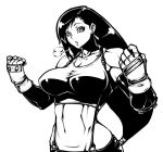  1girl 1zu3 abs breasts breath chestnut_mouth earrings final_fantasy final_fantasy_vii fingerless_gloves gloves high_contrast jewelry large_breasts long_hair midriff monochrome parted_lips solo suspenders tank_top tifa_lockhart very_long_hair 