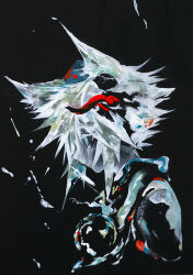  1girl animal_ears black_background from_side hat highres ikeda_ruriko inubashiri_momiji looking_to_the_side red_hat solo spiky_hair tokin_hat touhou white_hair wolf_ears 