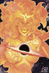  1girl apparition artist_name bird black_hole breakfast burning cefisherart dated destruction eating evil_smile fiery_hair fire floating floating_hair flying galaxy ghost giant giantess highres jean_grey long_hair marvel nebula phoenix phoenix_(x-men) planet pyrokinesis red_eyes red_hair science_fiction signature smile solo space spirit star_(sky) starry_sky_background superhero_costume teeth topless_female universe upper_body x-men 