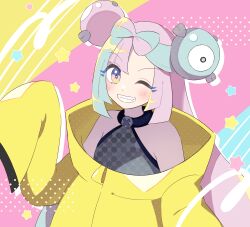  1girl blush bow-shaped_hair character_hair_ornament commentary_request grey_shirt grin hair_ornament happy highres iono_(pokemon) jacket long_hair long_sleeves looking_at_viewer one_eye_closed pink_eyes pink_hair pokemon pokemon_sv shirt sleeveless sleeveless_shirt smile solo star_(symbol) teeth tsuki0425 upper_body yellow_jacket 