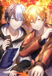  2boys aoyagi_touya autumn_leaves black_hood blonde_hair blue_eyes blue_hair cellphone closed_mouth commentary_request earrings hair_between_eyes hand_up highres holding holding_phone hood hood_down hoodie jewelry layered_sleeves leaf long_sleeves looking_at_viewer male_focus mid-autumn_festival mole mole_under_eye multicolored_hair multiple_boys nozu63 orange_eyes orange_hair phone project_sekai puzzle_piece_print shinonome_akito short_hair short_over_long_sleeves short_sleeves smartphone smile split-color_hair split_mouth streaked_hair stud_earrings two-tone_hair 
