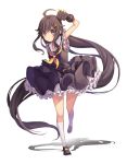  1girl :o absurdly_long_hair ahoge arm_up armpits belt black_gloves black_hair black_serafuku black_skirt brown_shoes buttons clenched_hand frilled_skirt frills full_body gloves hair_ornament hairclip kim_bae-eo kneehighs long_hair looking_at_viewer neckerchief original ribbon running sailor_collar school_uniform serafuku shade shirt shoes sidelocks simple_background skirt sleeveless sleeveless_shirt solo spiked_gloves very_long_hair violet_eyes white_background white_legwear yellow_ribbon 