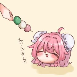  1girl ahoge blush bun_cover closed_eyes commentary_request dango double_bun food hair_bun highres ibaraki_kasen open_mouth pink_hair sanshoku_dango short_hair simple_background smile solo toannu10806 touhou translation_request wagashi yellow_background yukkuri_shiteitte_ne 