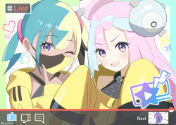  2girls :d absurdres bow-shaped_hair canari_(pokemon) character_hair_ornament commentary_request fake_video grey_shirt hair_ornament heart highres iono_(pokemon) jacket leo25_k lightning_bolt_symbol livestream long_hair mega_starmie multicolored_hair multiple_girls nail_polish open_mouth poke_ball pokemon pokemon_legends:_z-a pokemon_sv quick_ball shirt short_twintails sleeveless sleeveless_shirt sleeves_past_fingers sleeves_past_wrists smile starmie teeth twintails twitter_username two-tone_hair upper_teeth_only violet_eyes yellow_jacket yellow_nails 